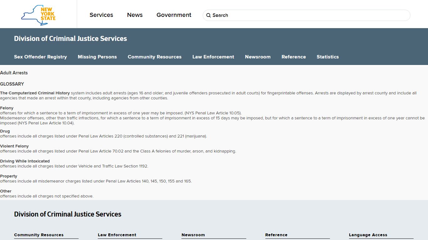 Adult Arrests - Glossary - NYS Division of Criminal Justice Services